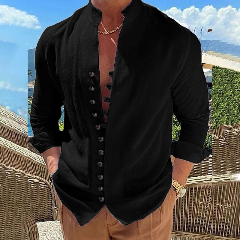 Men’s Casual Shirt - Mandarin Collar - Long Sleeve - Slim Fit Button-Up