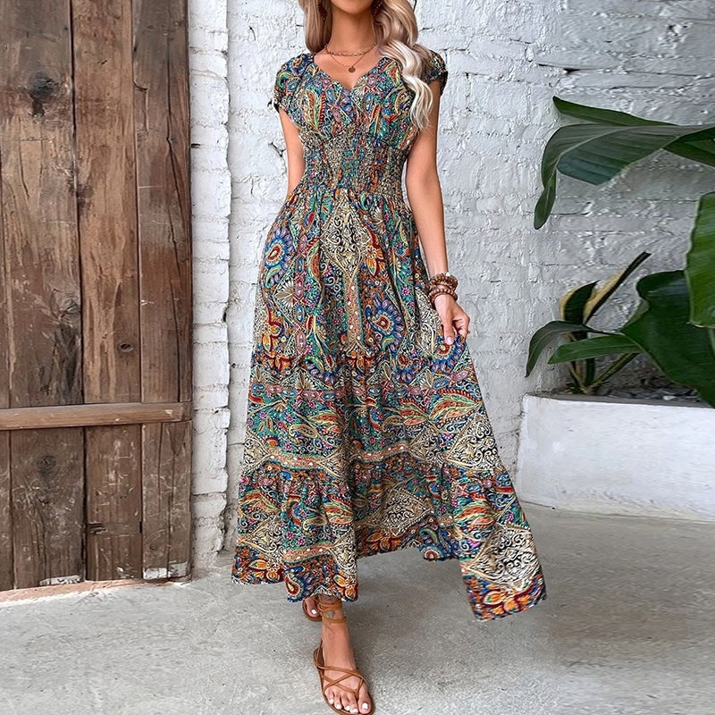 Women's Maxi Dress - Bohemian Paisley Print - V-Neck Short Sleeve - Flowy Cinched Waist