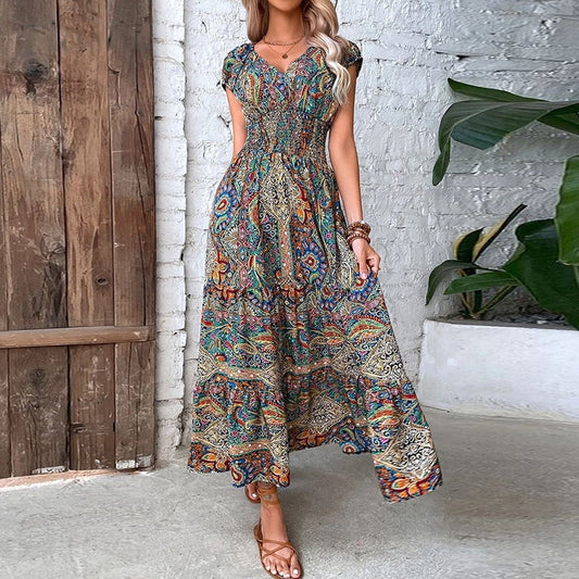 Women's Maxi Dress - Bohemian Paisley Print - V-Neck Short Sleeve - Flowy Cinched Waist