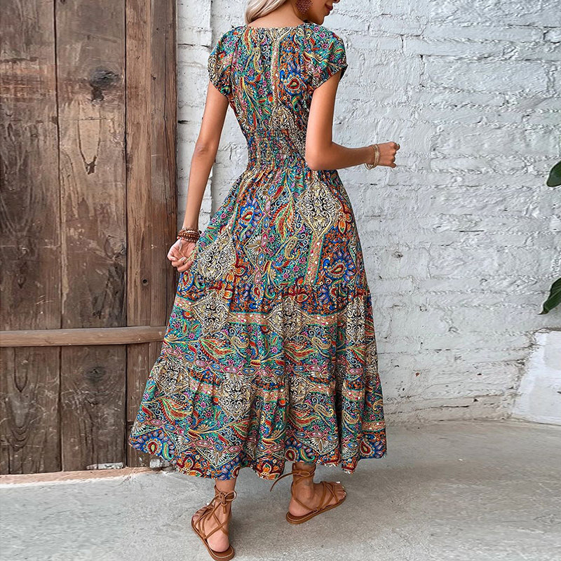 Women's Maxi Dress - Bohemian Paisley Print - V-Neck Short Sleeve - Flowy Cinched Waist