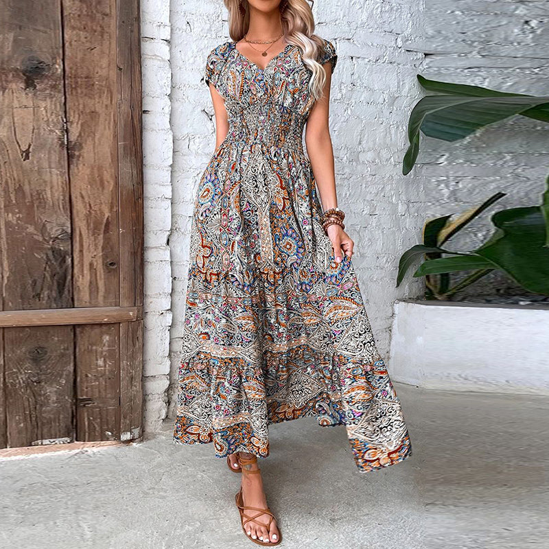 Women's Maxi Dress - Bohemian Paisley Print - V-Neck Short Sleeve - Flowy Cinched Waist