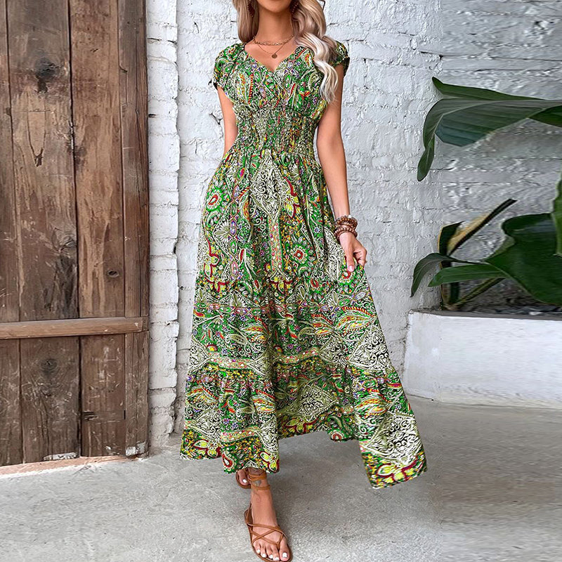 Women's Maxi Dress - Bohemian Paisley Print - V-Neck Short Sleeve - Flowy Cinched Waist