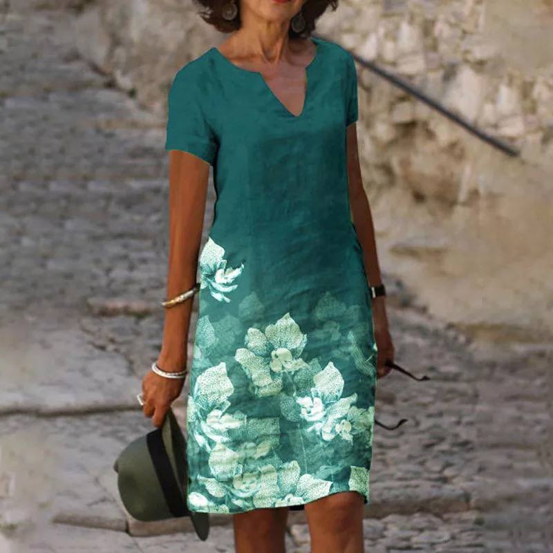 Women's Dress - Knee-Length Notched Neck - Short Sleeve Elegant Floral Pattern