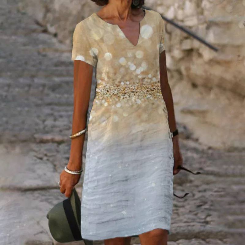 Women's Dress - Knee-Length Notched Neck - Short Sleeve Elegant Floral Pattern