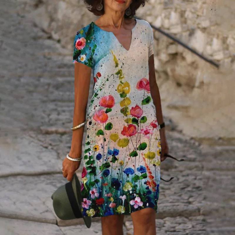 Women's Dress - Knee-Length Notched Neck - Short Sleeve Elegant Floral Pattern