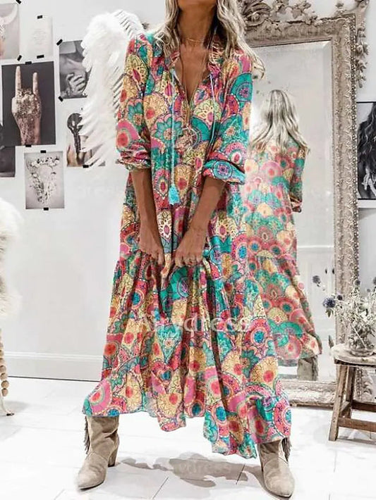 Women's Maxi Dress - Bohemian Style - Loose Fit - V-Neck Long Sleeve - Tiered Skirt