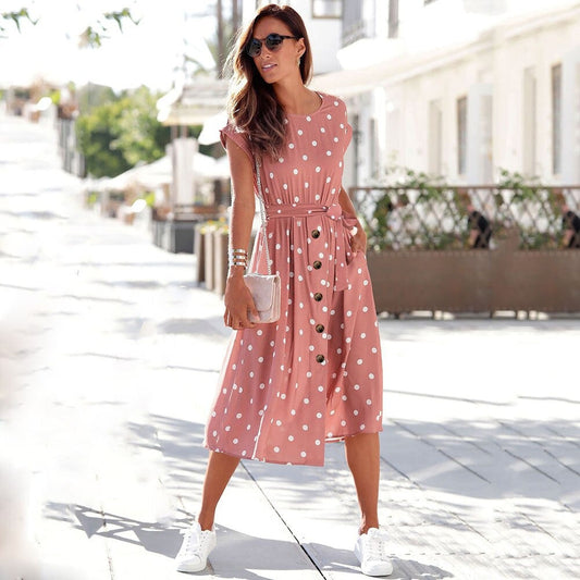 Women's Midi Dress - Polka Dot Pattern - Short Sleeve - Round Neck - Belted Waist