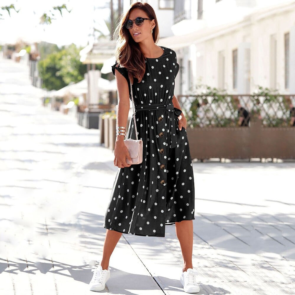 Women's Midi Dress - Polka Dot Pattern - Short Sleeve - Round Neck - Belted Waist