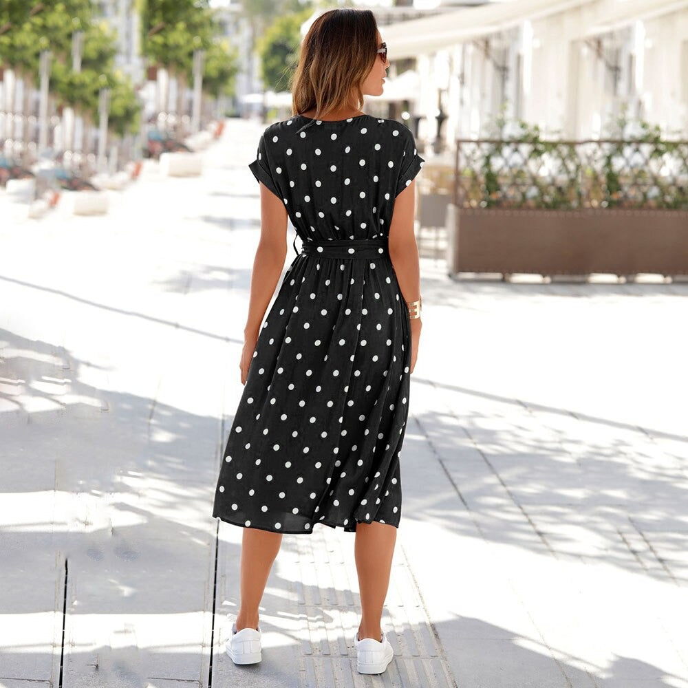 Women's Midi Dress - Polka Dot Pattern - Short Sleeve - Round Neck - Belted Waist
