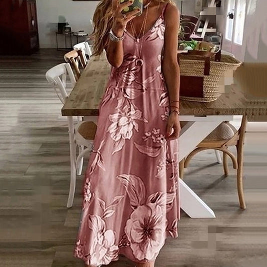 Women's Maxi Dress - Sleeveless V-Neck - Flowy Relaxed Fit - Floral Casual Wear