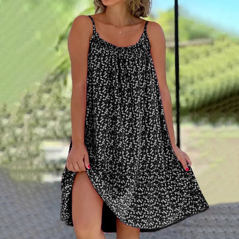 Women's Sleeveless Mini Dress - Flowing Fit - Spaghetti Straps - Casual Floral Print