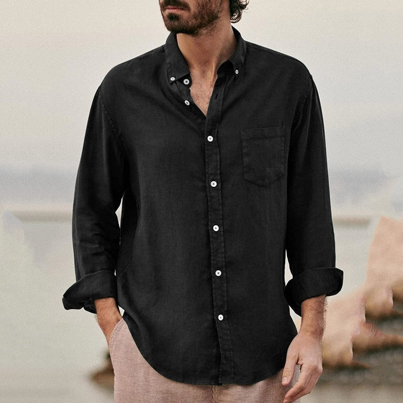 Men’s Long-Sleeve Button-Up Shirt - Breathable Linen Blend - Chest Pocket - Casual Fit
