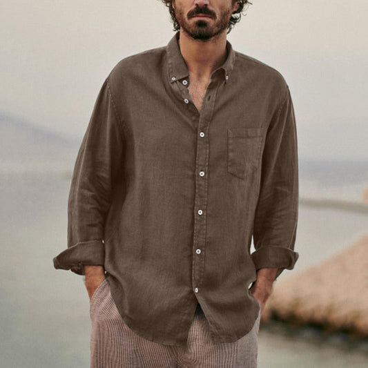 Men’s Long-Sleeve Button-Up Shirt - Breathable Linen Blend - Chest Pocket - Casual Fit