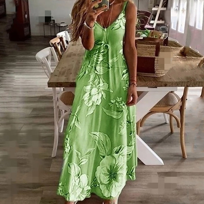 Women's Maxi Dress - Sleeveless V-Neck - Flowy Relaxed Fit - Floral Casual Wear