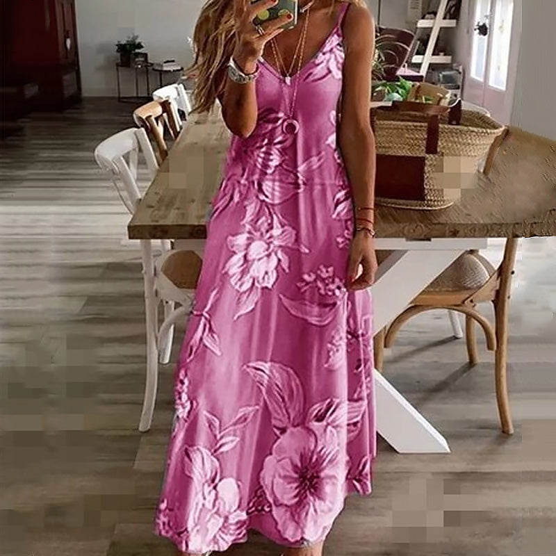 Women's Maxi Dress - Sleeveless V-Neck - Flowy Relaxed Fit - Floral Casual Wear