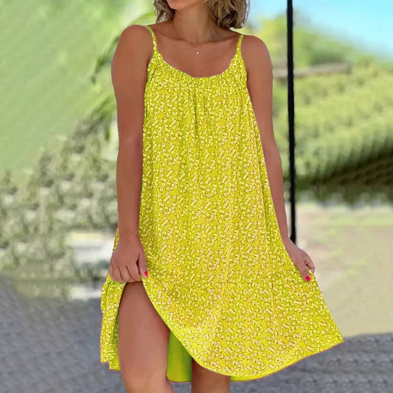 Women's Sleeveless Mini Dress - Flowing Fit - Spaghetti Straps - Casual Floral Print