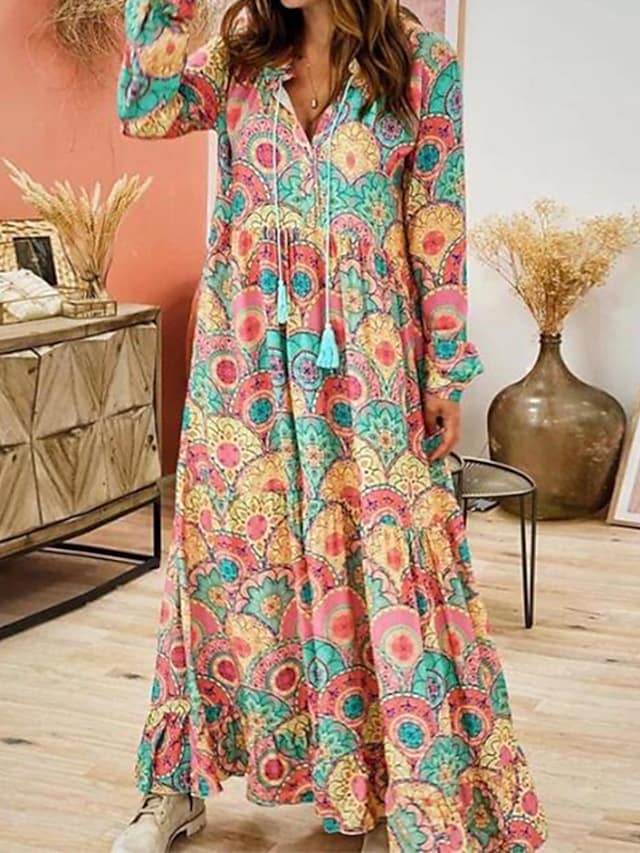 Women's Maxi Dress - Bohemian Style - Loose Fit - V-Neck Long Sleeve - Tiered Skirt