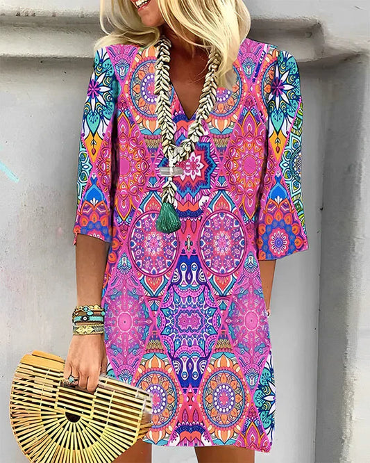Women's Bohemian Dress - Knee Length - Relaxed Fit - V-Neck - 3/4 Sleeve