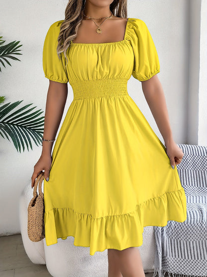 Women's Midi Dress - Square Neck - Puff Sleeves - Smocked Waist - A-Line with Ruffle Hem