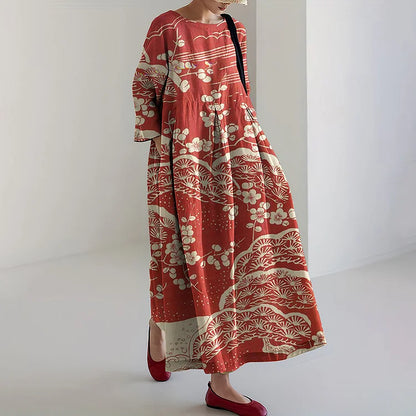 Women’s Maxi Dress – Relaxed Fit – Long Sleeve – Cotton Blend – Artistic Print