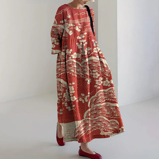 Women’s Maxi Dress – Relaxed Fit – Long Sleeve – Cotton Blend – Artistic Print
