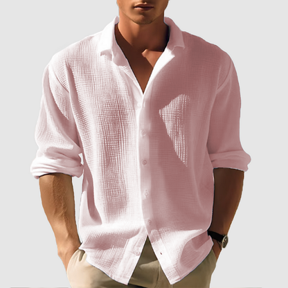 Men’s Button-Down Shirt – Relaxed Fit – Long Sleeve – Cotton Linen Textured