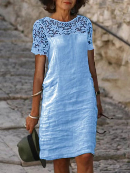 Women’s Knee-Length Dress – Loose Fit – Lace Upper – Short Sleeve – Breathable Blend