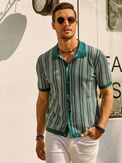 Men’s Polo Shirt – Slim Fit – Soft Knit – Retro Stripe – Short Sleeve – Button Front