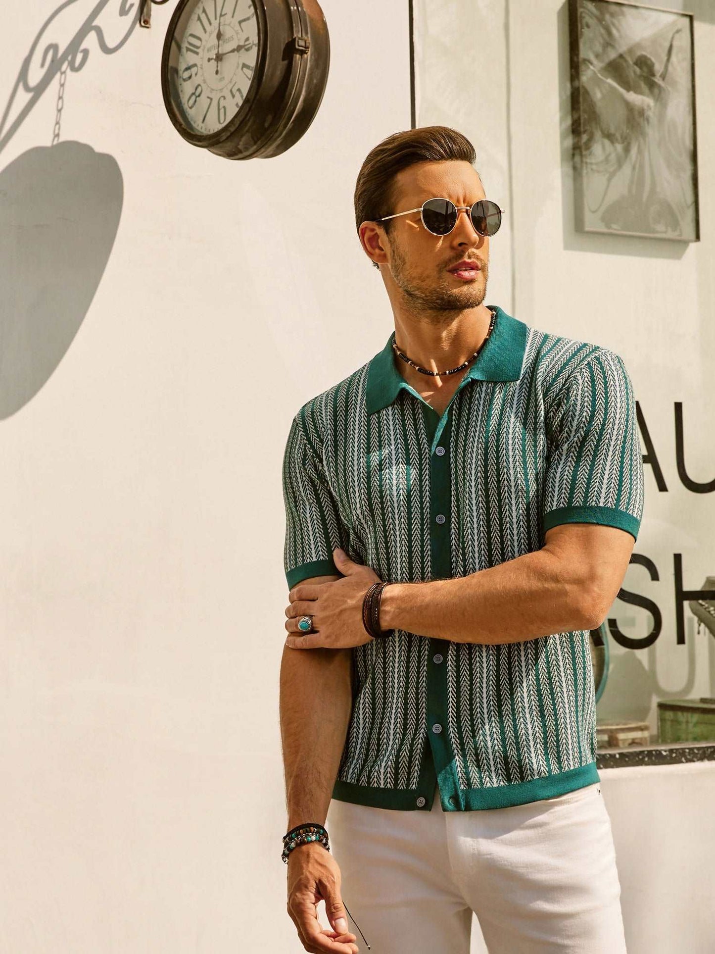 Men’s Polo Shirt – Slim Fit – Soft Knit – Retro Stripe – Short Sleeve – Button Front