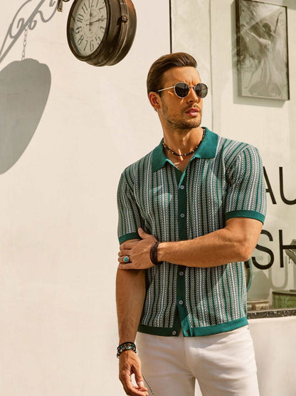 Men’s Polo Shirt – Slim Fit – Soft Knit – Retro Stripe – Short Sleeve – Button Front