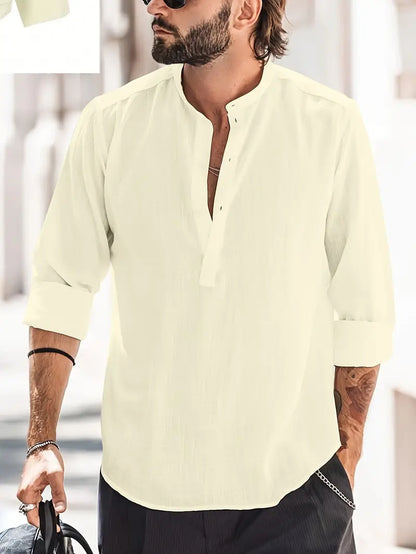 Men’s Long Sleeve Shirt – Relaxed Fit – Band Collar – Natural Fibers – Casual Wear