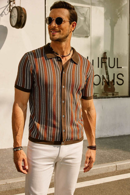 Men’s Polo Shirt – Slim Fit – Soft Knit – Retro Stripe – Short Sleeve – Button Front