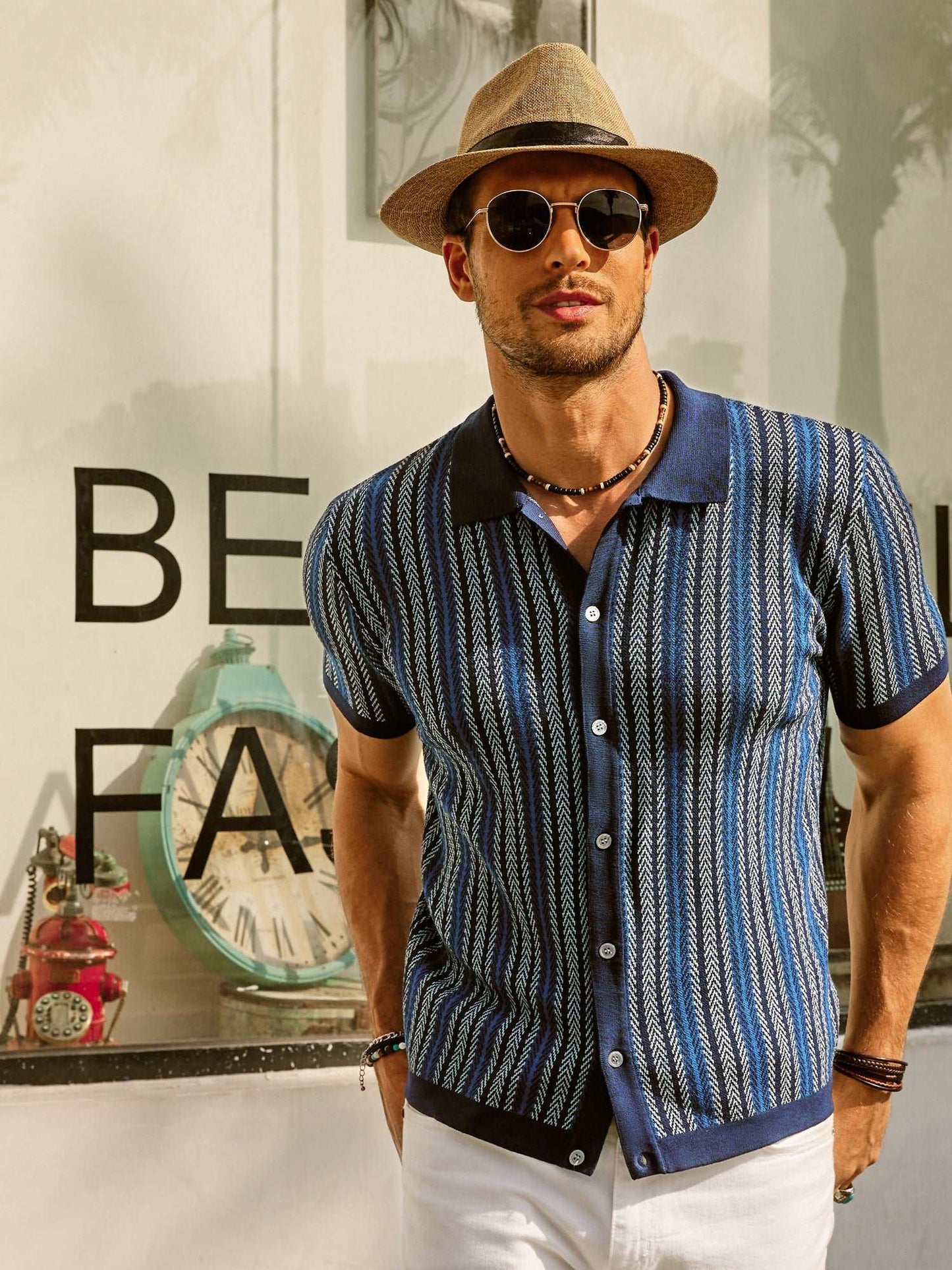 Men’s Polo Shirt – Slim Fit – Soft Knit – Retro Stripe – Short Sleeve – Button Front