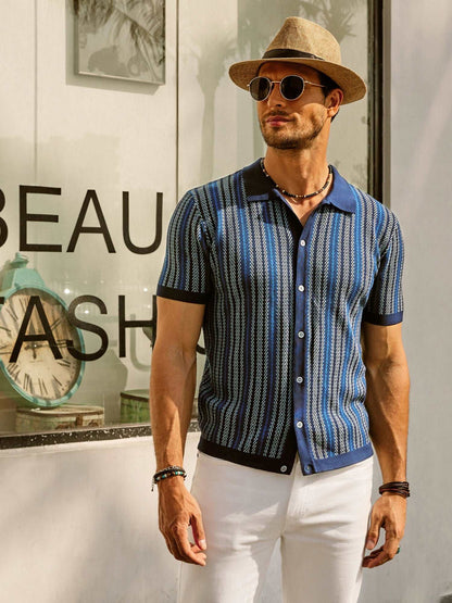 Men’s Polo Shirt – Slim Fit – Soft Knit – Retro Stripe – Short Sleeve – Button Front