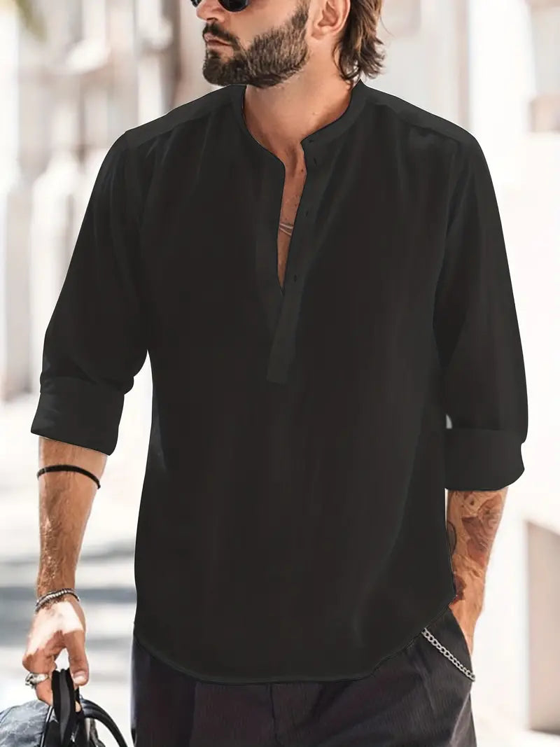 Men’s Long Sleeve Shirt – Relaxed Fit – Band Collar – Natural Fibers – Casual Wear