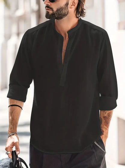 Men’s Long Sleeve Shirt – Relaxed Fit – Breathable Blend – Mandarin Collar Casual Style