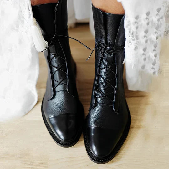 Isla  Mid-Calf Lace-Up Boots | Pointed Toe Cap Toe Boots
