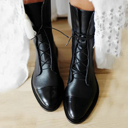 Isla  Mid-Calf Lace-Up Boots | Pointed Toe Cap Toe Boots
