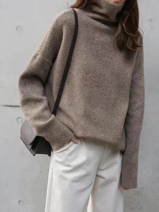Women’s Turtleneck Sweater – Wool Blend – Relaxed Fit – Ribbed Hem – Hip Length