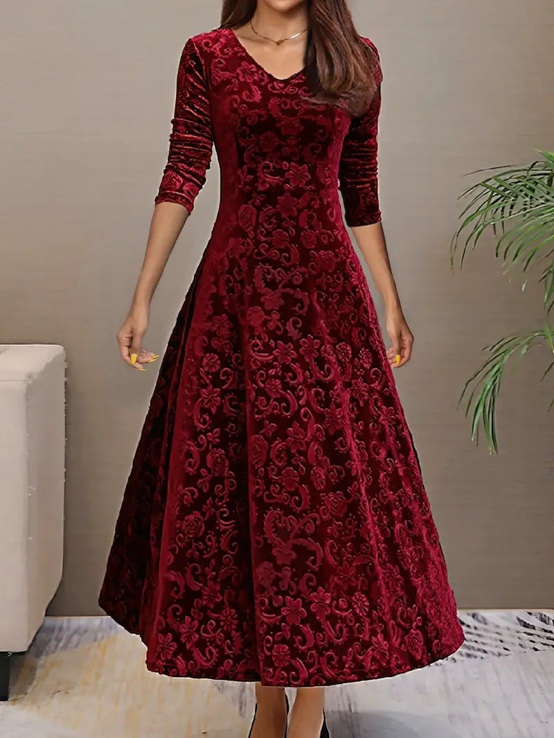 Women’s A-line Dress – Elegant Fit – Velvet Feel – Floral Texture – Floor Length – V-Neck – Long Sleeve