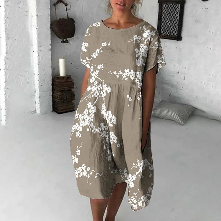 Women’s Midi Dress – Relaxed Flowy Fit – Short Sleeve – Floral Print – Breathable Blend