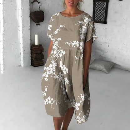 Women’s Midi Dress – Relaxed Flowy Fit – Short Sleeve – Floral Print – Breathable Blend