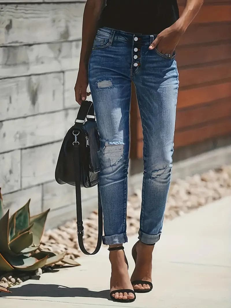 Effortlessly Elegant: High-Waisted Button-Fly Denim Jeans for Women