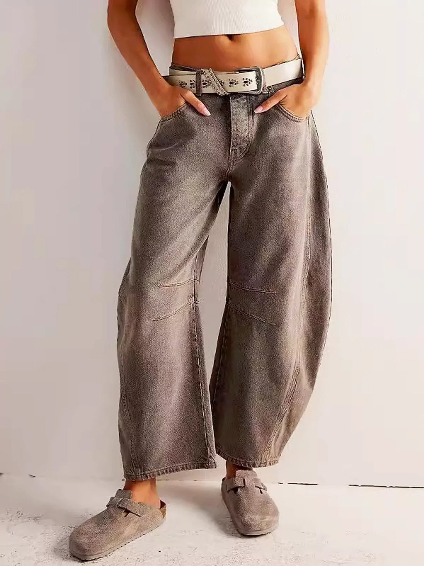 Women’s Barrel Jeans – Relaxed Fit – Full Length – Leopard Print Denim Casual Wear