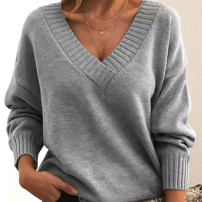 Women’s Pullover Sweater – Wool Knit – Relaxed Fit – Deep V-Neck – Ribbed Trim