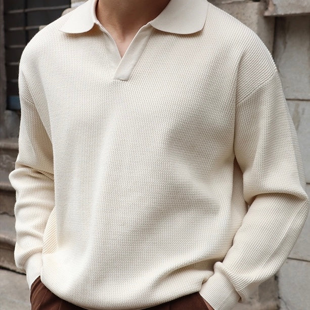 Men’s Knit Pullover Top – Relaxed Fit – Long Sleeve – Buttonless Polo Collar
