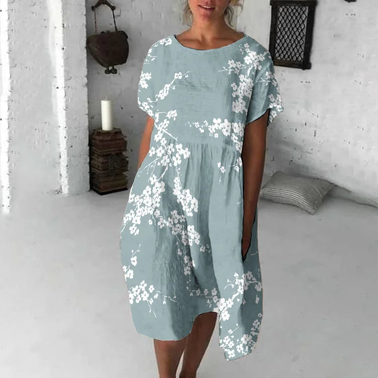 Women’s Midi Dress – Relaxed Flowy Fit – Short Sleeve – Floral Print – Breathable Blend