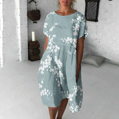 Women’s Midi Dress – Relaxed Flowy Fit – Short Sleeve – Floral Print – Breathable Blend