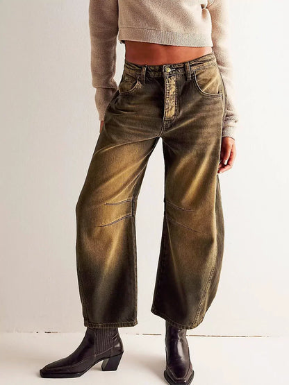 Women’s Barrel Jeans – Relaxed Fit – Full Length – Leopard Print Denim Casual Wear