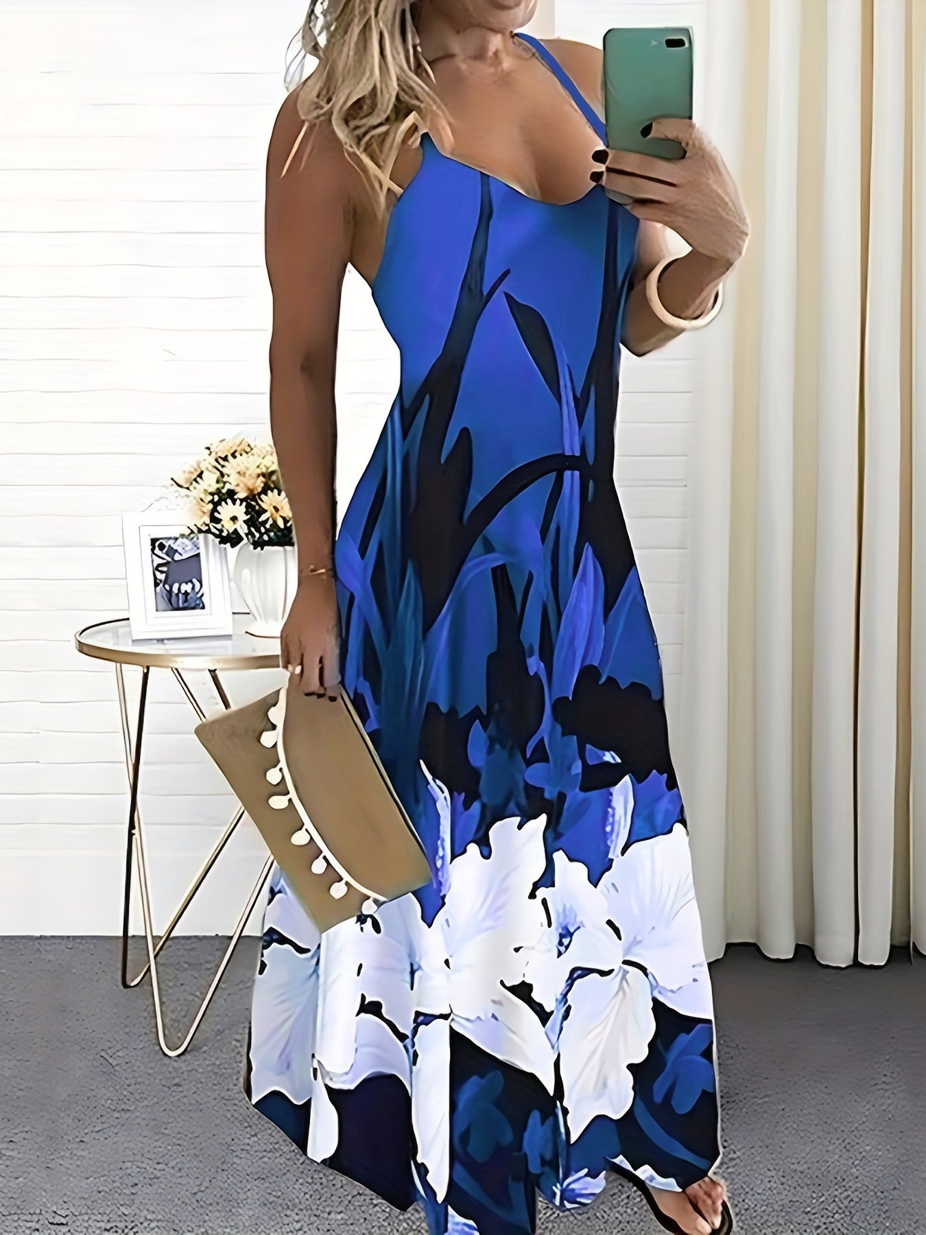 Women's Maxi Dress - Sleeveless Thin Straps - Floral Print - Flowing A-Line Fit